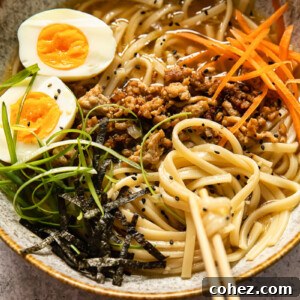 udon noodle soup topped with ground pork, boiled egg, green onion and carrots