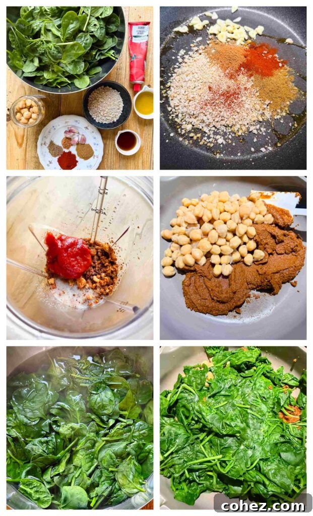 A collage of six photos showing the steps to make Spanish spinach and chickpeas, including toasting breadcrumbs and spices.