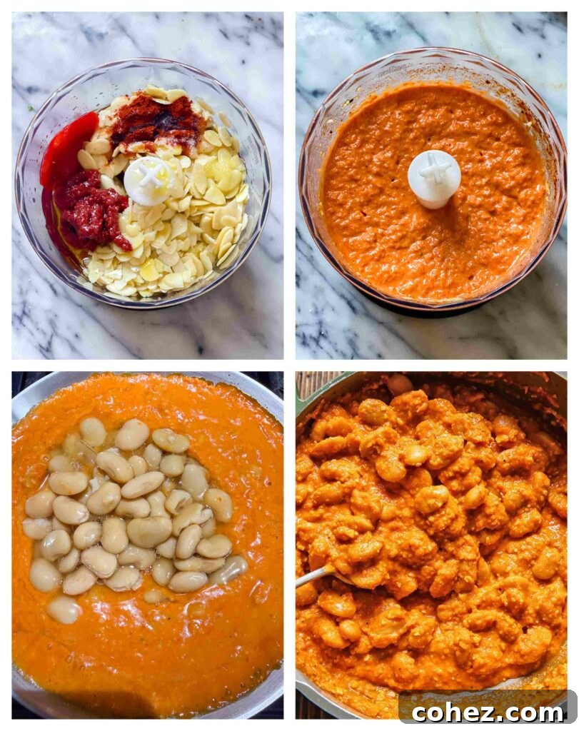 A collage of process shots showing the Romesco sauce being made and then combined with butter beans in a skillet.