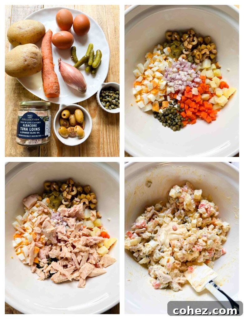 Process shots of tuna, eggs and veg being prepped before mixed in a bowl