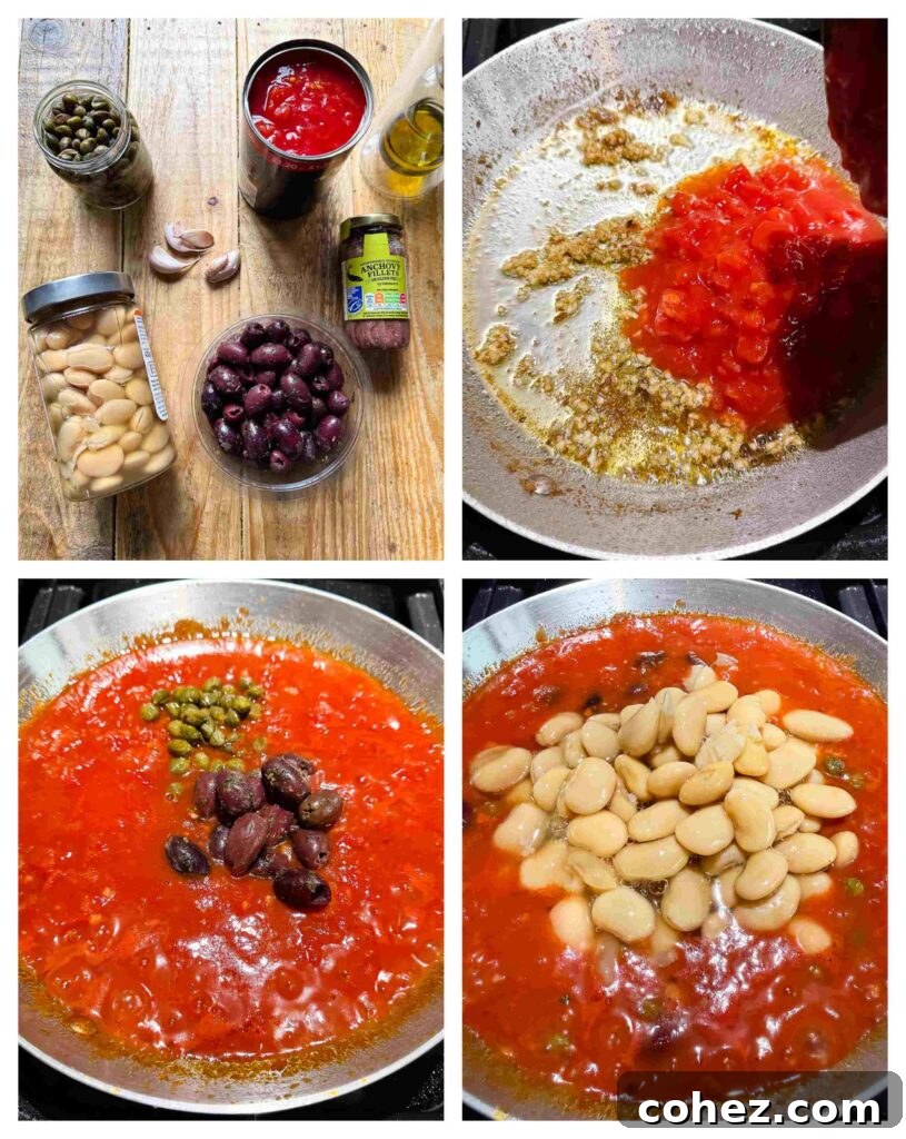 Process shots of puttanesca sauce being made and combined with butter beans