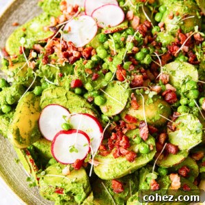 Pesto potato salad with radishes, peas and bacon