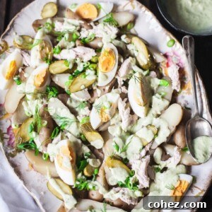 Top down of fingerling potato salad with green goddess dressing