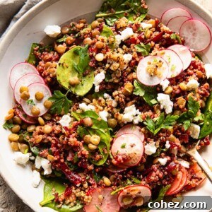 Close up of quinoa salad with lentils and beets