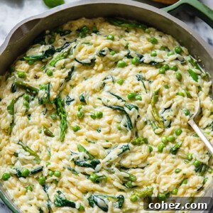 Top down view of creamy orzo pasta with peas and spinach in a pan