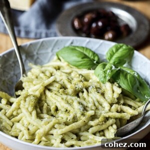 Close up view of pasta with additional basil leaf