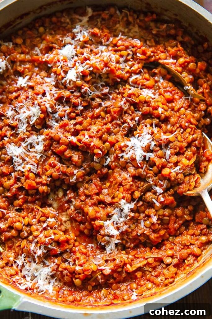 Close up shot of lentil bolognese in a pot
