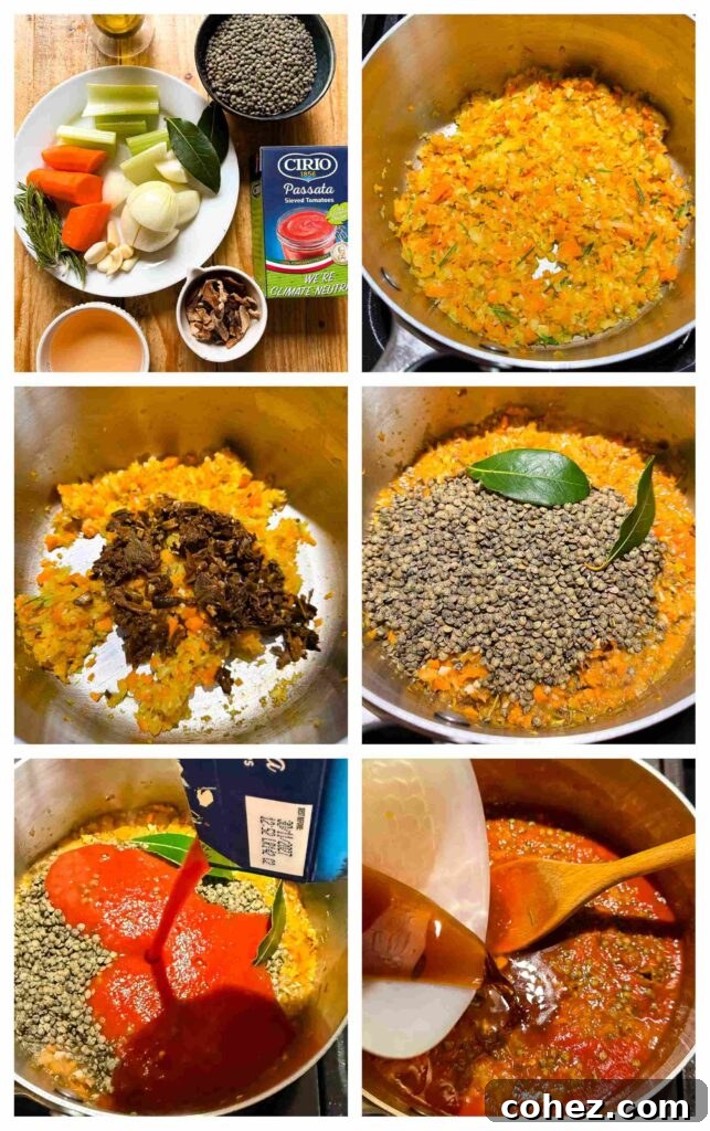 Process shots of lentils being cooked into bolognese sauce