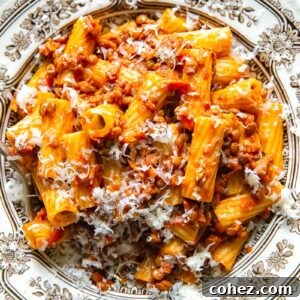 Top down shot of lentil bolognese in a bowl of pasta