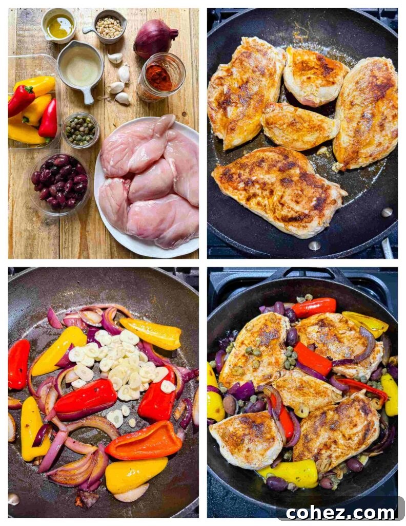 Process shots of chicken being marinated and seared before baked with peppers and olives