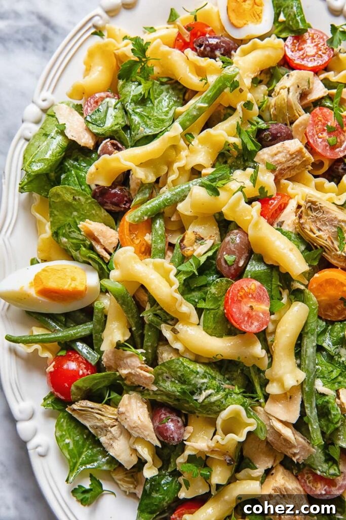 Close up of pasta salad with tuna, olives and tomatoes