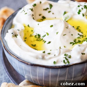 Tzatziki sauce in blue bowl, pita bread around it.