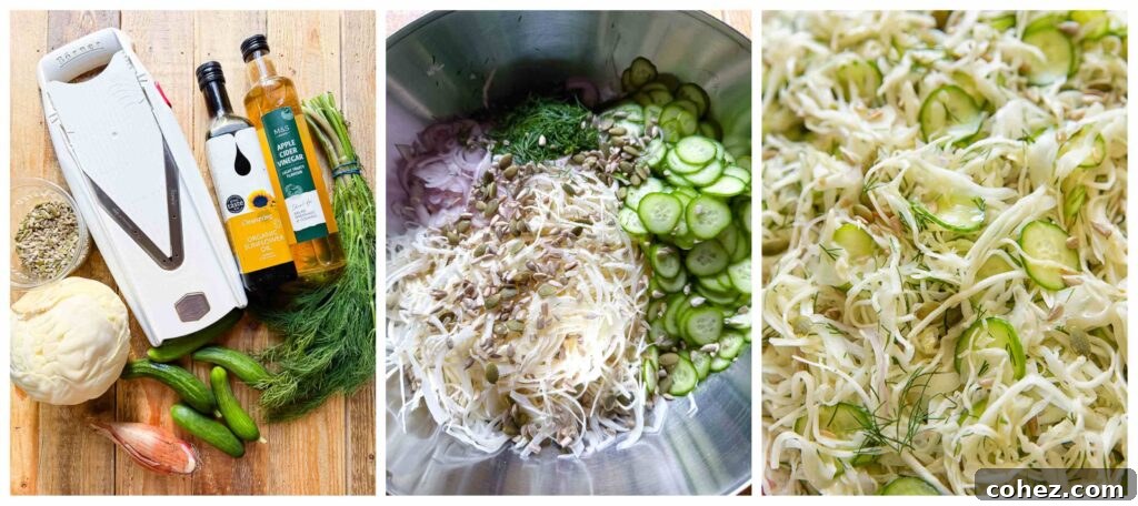 Process shots of cabbage and cucumber combined in a bowl