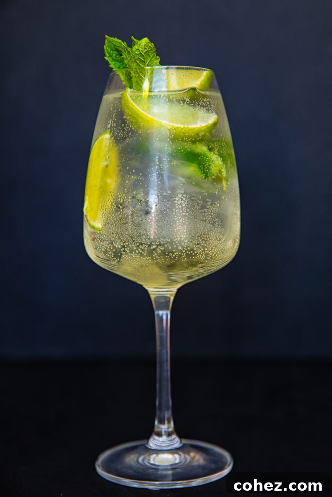 Hugo Spritz in a tall glass with mint and lime
