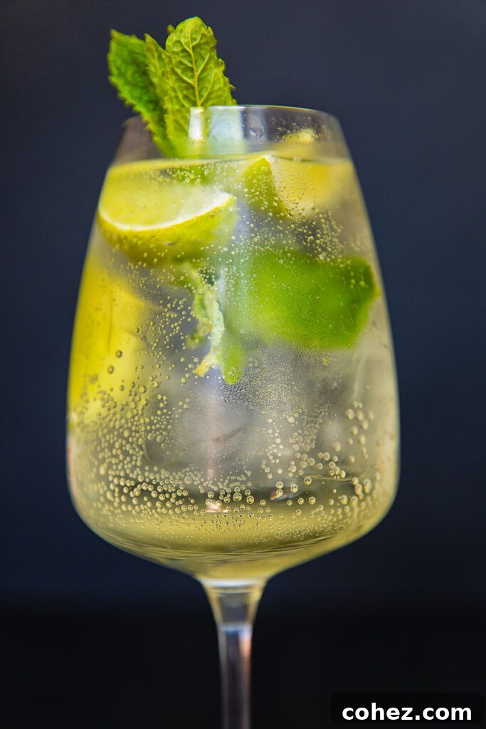 Close-up of Hugo Spritz with mint sprig