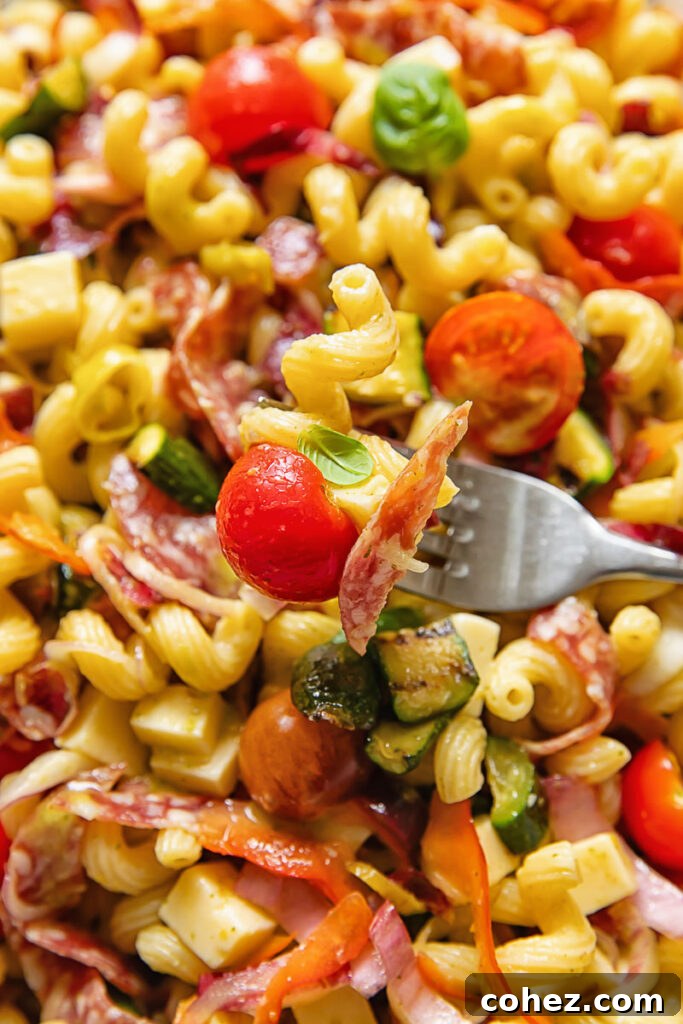 vertical extreme close up shot of Italian pasta salad