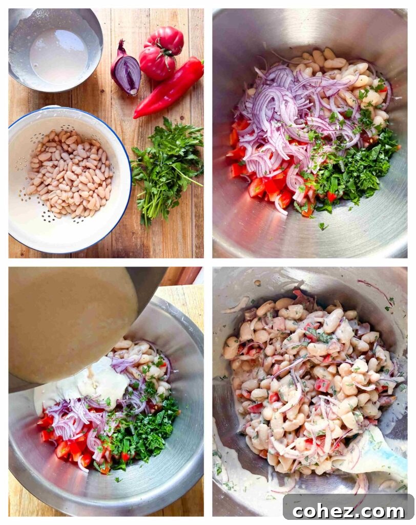 Four panel process shot collage showing how to assemble the white bean salad.