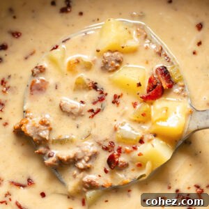 Close up shot of bacon cheeseburger soup being ladled out of a pot