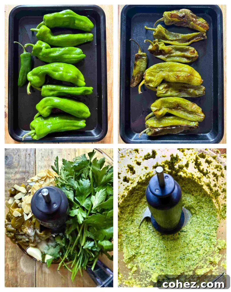 Four image collage showing the preparation of the peppers and the sauce.