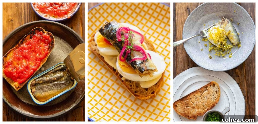 Three image collage showing how to assemble the sardine toast
