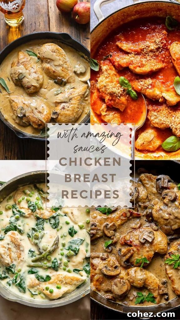 Collage of four images, all with chicken breasts cooked in different ways, with a title card in the middle.