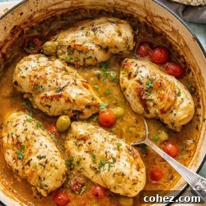 top down view of chicken breasts with olives, tomatoes in a pan sauce