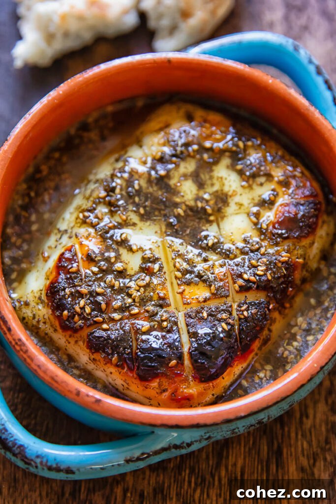 A chunk of baked halloumi in a small dish with the hot honey sauce on a wood background.