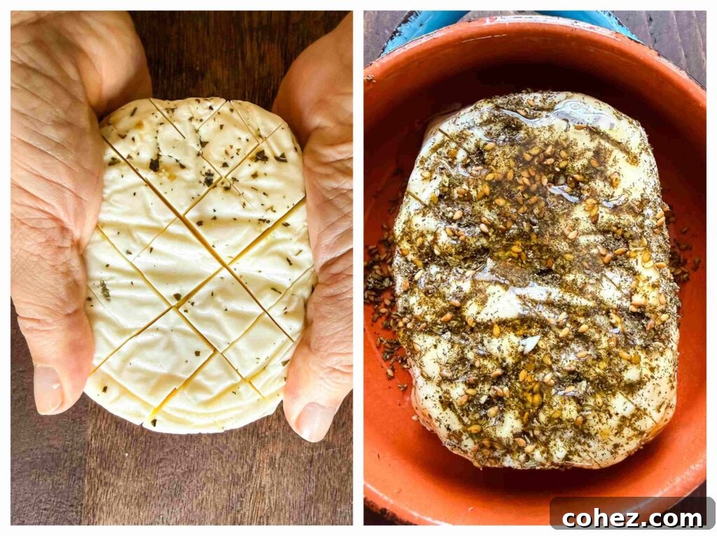 Two process shots showing how to prepare the halloumi for baking.