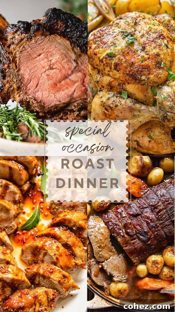 Four panel vertical poster showing four roast meats suitable for a dinner gathering.