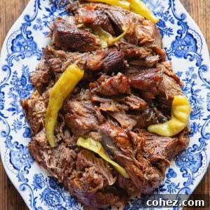 Top down of slow cooked pot roast on a platter