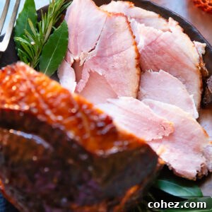 slices of glazed ham shown from the top down in a festive setting