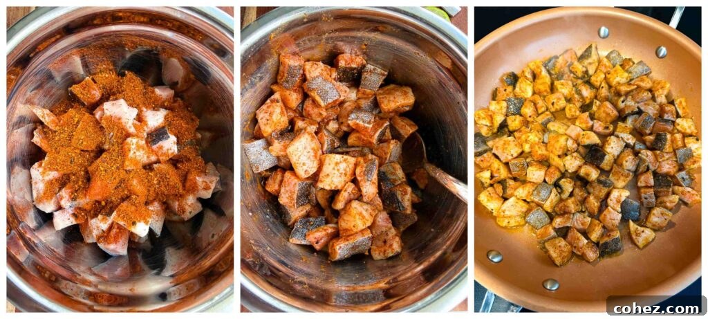 A three panel collage showing the preparation and cooking of the cod.