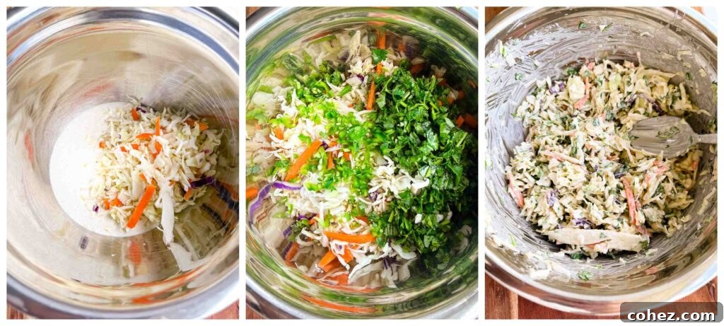 A three panel collage showing the preparation of the coleslaw in a mixing bowl.