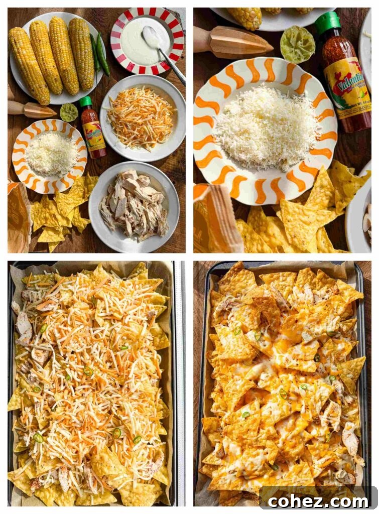 A four panel collage showing the ingredients and assembly of the nachos.